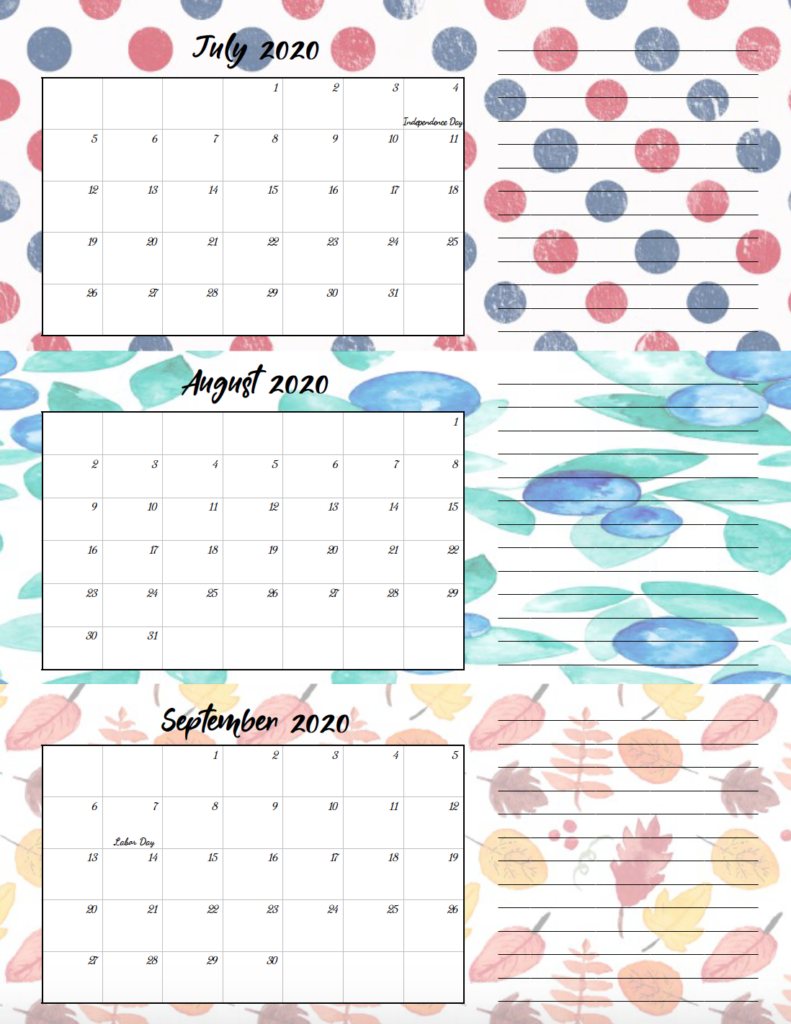 3rd quarter holiday-theme free printable 2020 calendar.