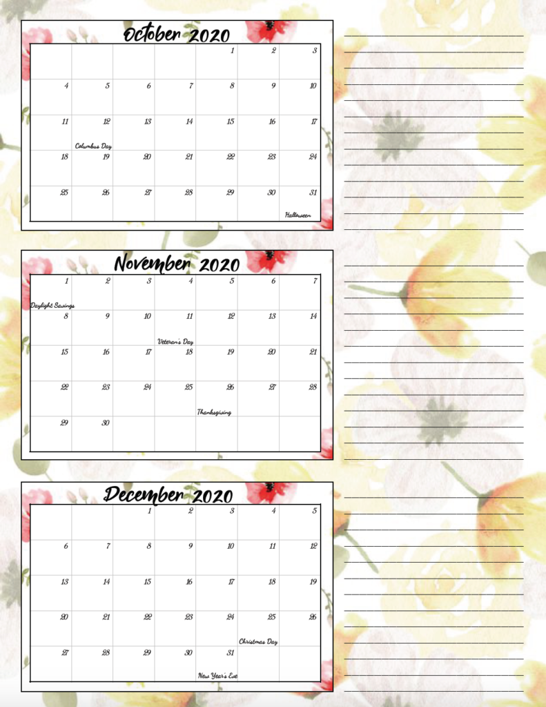 4th quarter lemon yellow and rose theme free printable 2020 calendar.