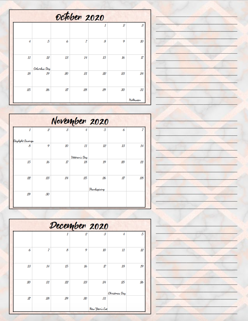 4th quarter rose gold and gray theme free printable 2020 calendar.