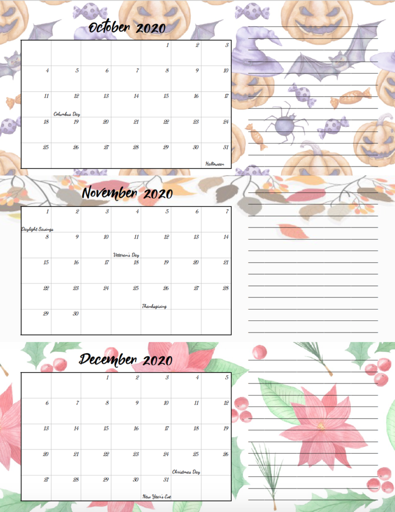 4th quarter holiday-theme free printable 2020 calendar.