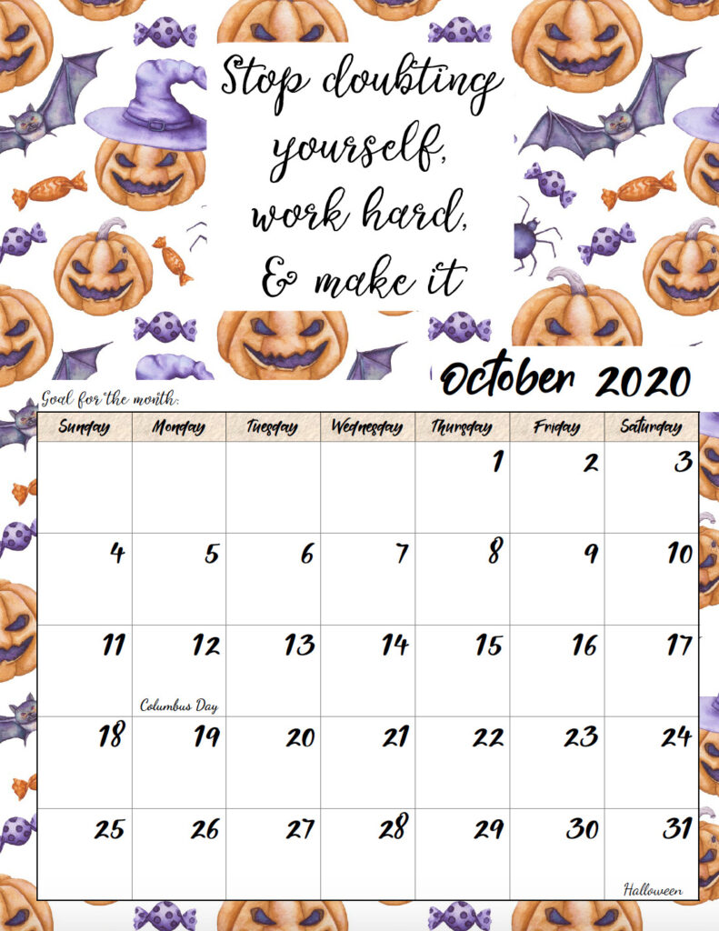 Free printable October 2020 monthly motivational calendar.