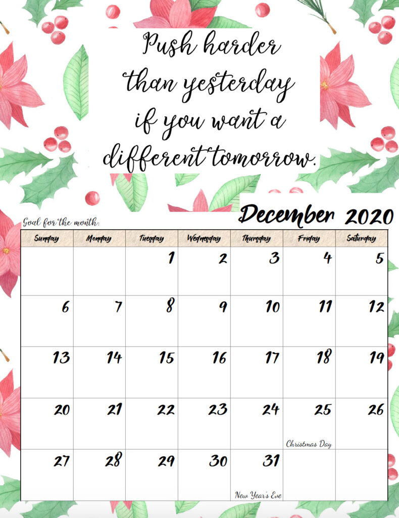 Free printable December 2020 monthly motivational calendar.