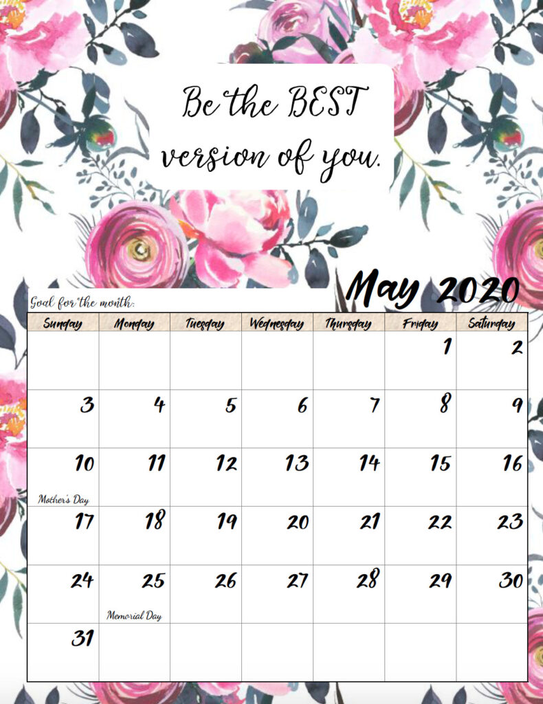 Free printable May 2020 monthly motivational calendar.