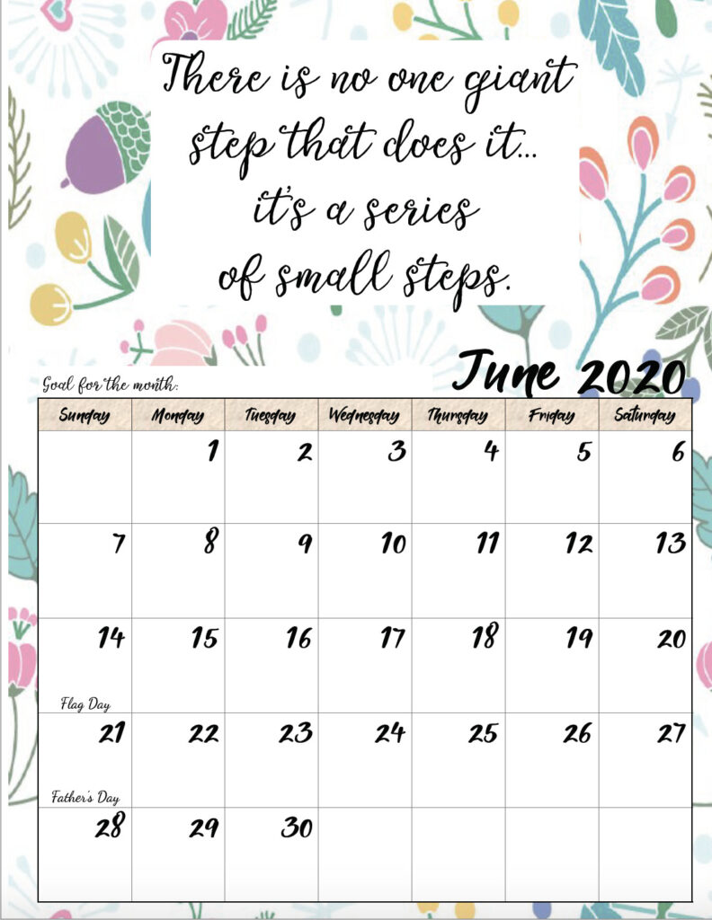 Free printable June 2020 monthly motivational calendar.