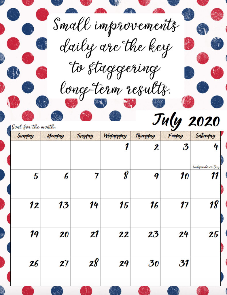 Free printable July 2020 monthly motivational calendar.