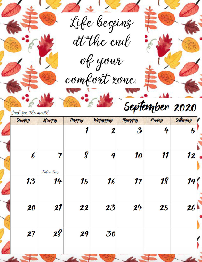Free printable September 2020 monthly motivational calendar.