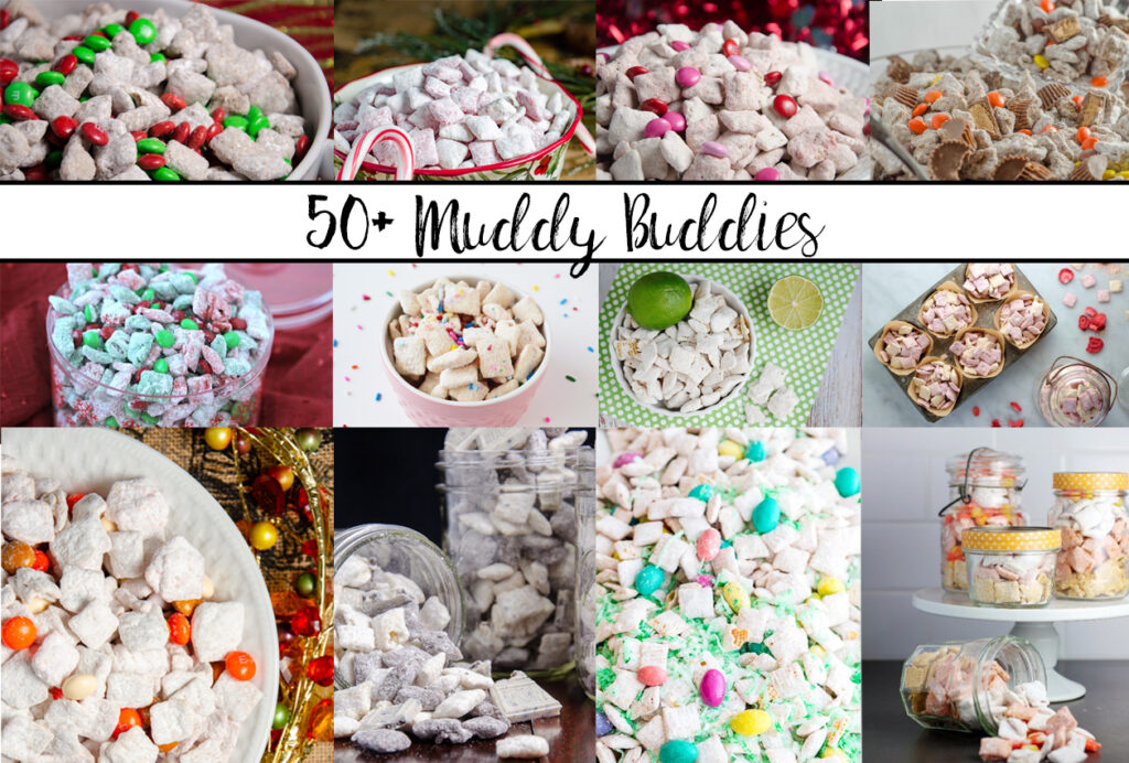 Featured image for 50+ Muddy Buddies. Collage of various puppy chow recipes.