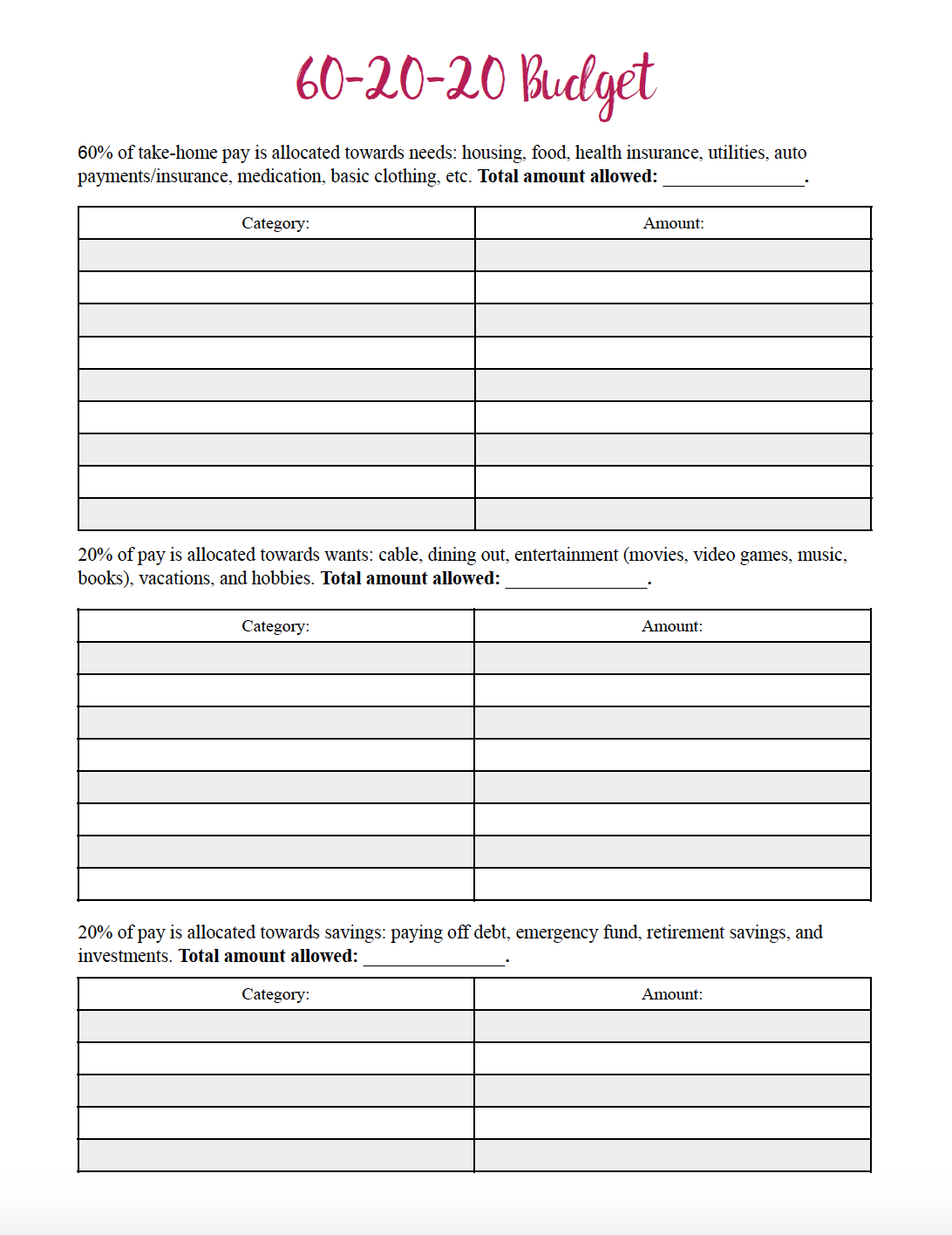 60-20-20 Budget Free printable 60-20-20 budget worksheet.