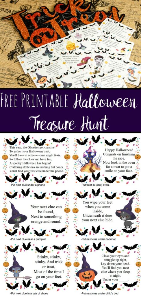Pin image for free printable treasure hunt. Real photo of clues and trick or treat sign, image of one page of clues, and text overlay.