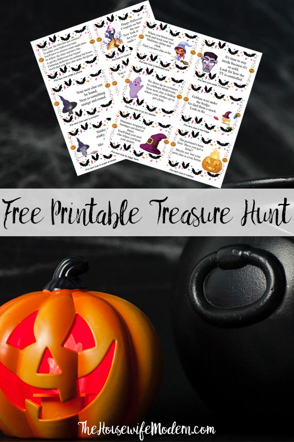 Pin image for free printable Halloween treasure hunt. Fake pumpkin and cauldron, 2 pages of clues, and text overlay.