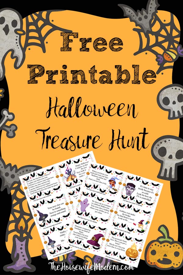 Pin image for free printable Halloween treasure hunt. Halloween graphics with 2 pages of clues and text overlay.