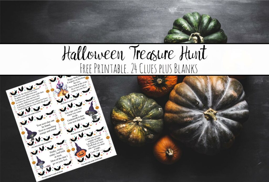 Featured image for free printable treasure hunt. Group of pumpkins, image of one page of treasure hunt, and text overlay.