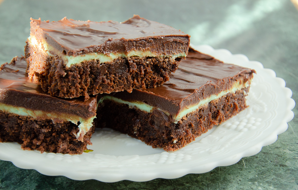 LR_Mint Brownies 3 mint brownies on white plate.