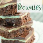 Pin image for mint brownies. Vertical image of 4 brownies with text overlay.
