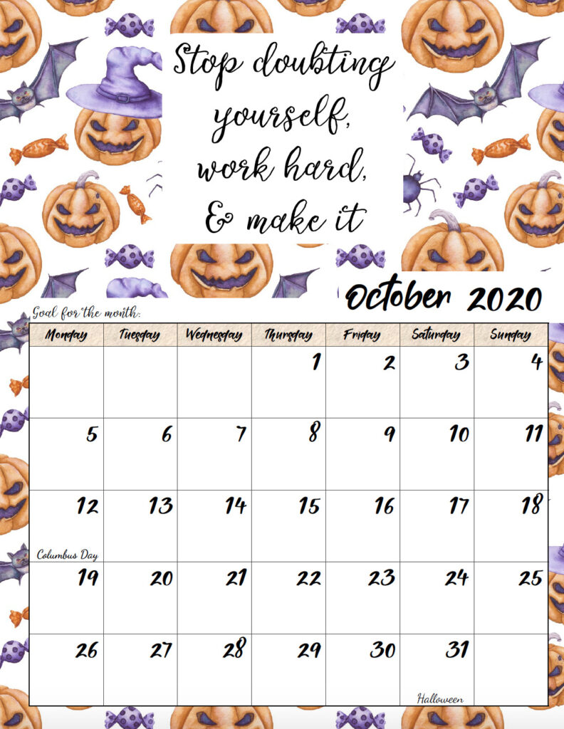 Free printable Monday start October 2020 calendar.