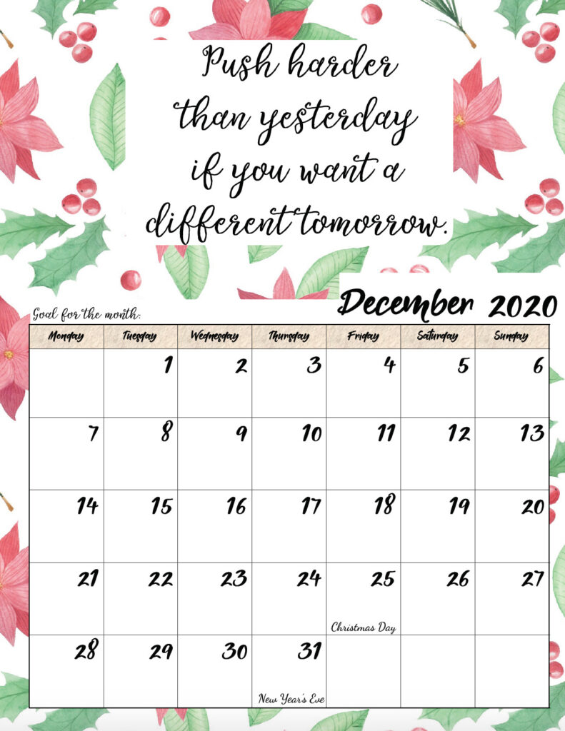 Free printable Monday start December 2020 calendar.