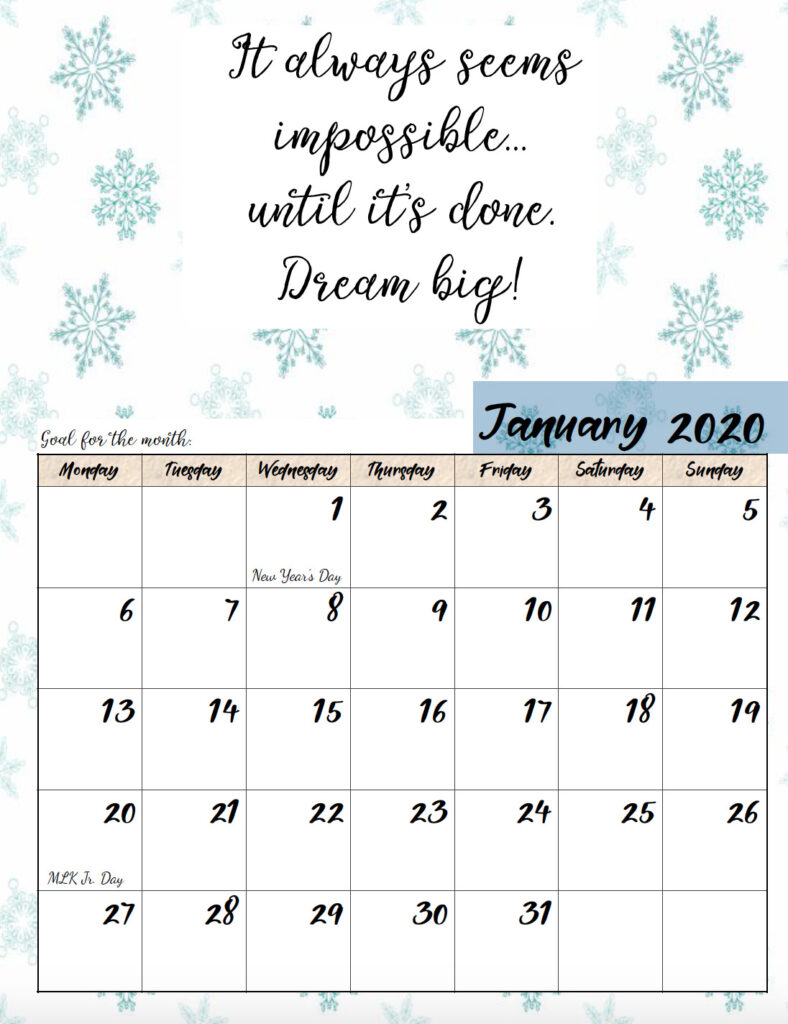 Free printable Monday start January 2020 calendar.