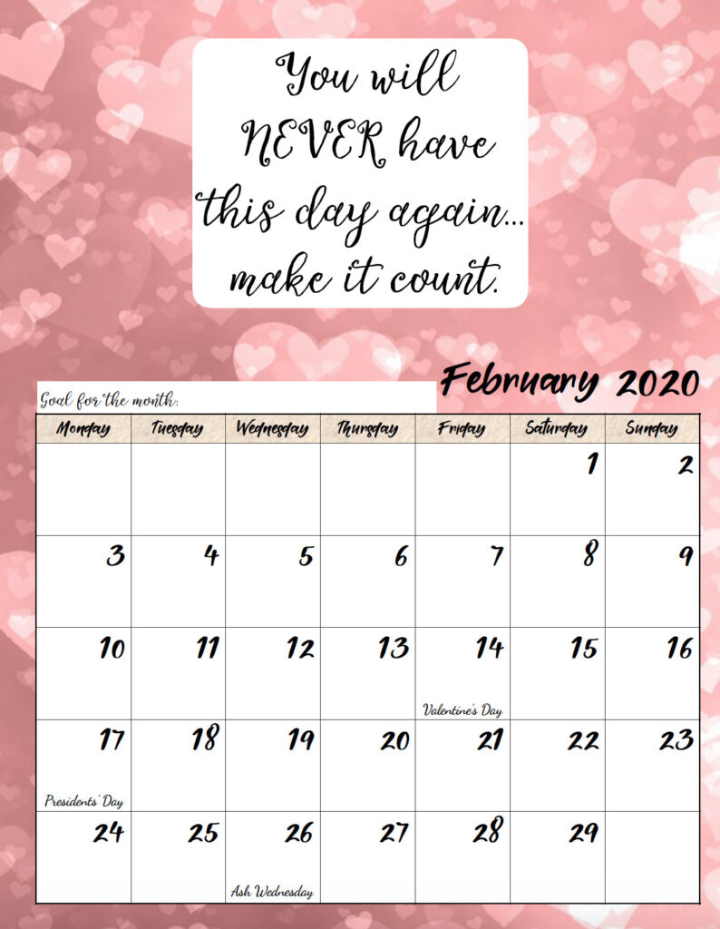 Free printable Monday start February 2020 calendar.