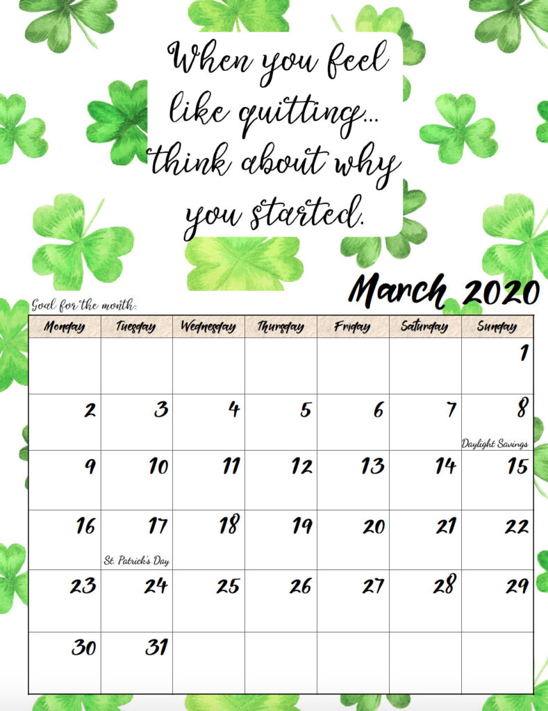 Free printable Monday start March 2020 calendar.