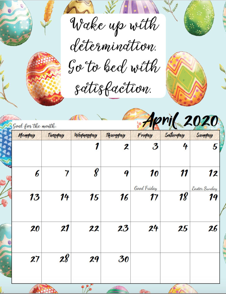 Free printable Monday start April 2020 calendar.