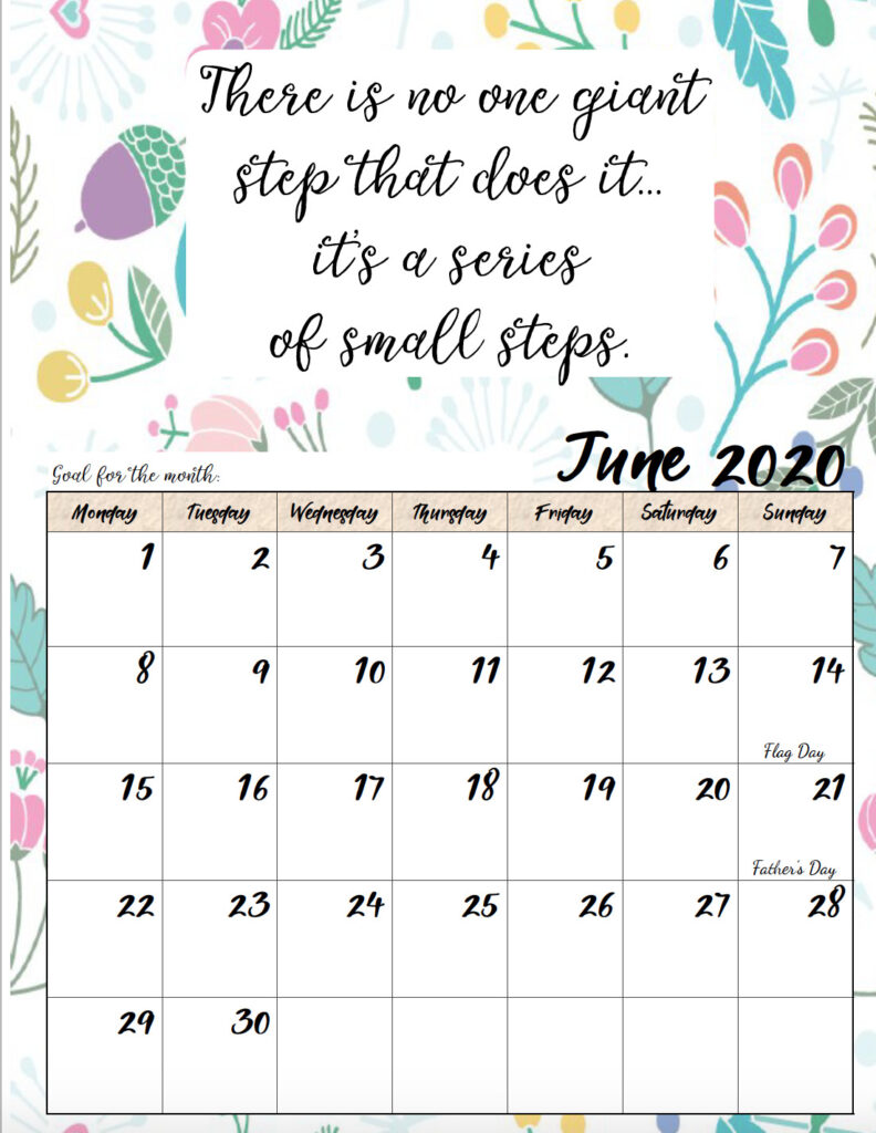 Free printable Monday start June 2020 calendar.