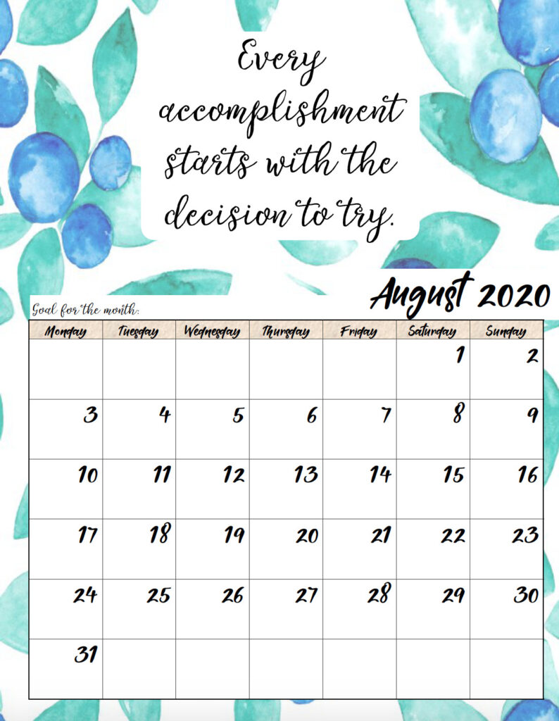 Free printable Monday start August 2020 calendar.