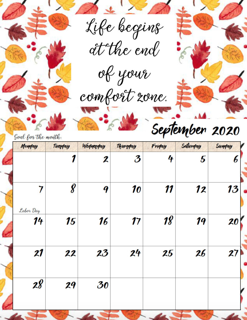 Free printable Monday start September 2020 calendar.