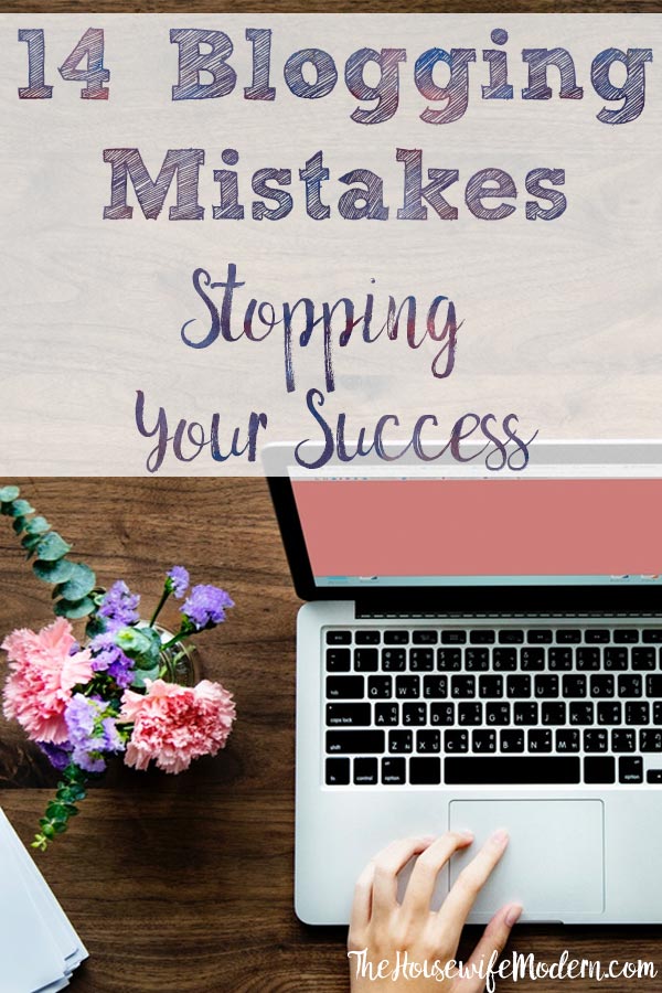 Pin image for 14 blogging mistakes. Computer with purple and pink flowers and text overlay.