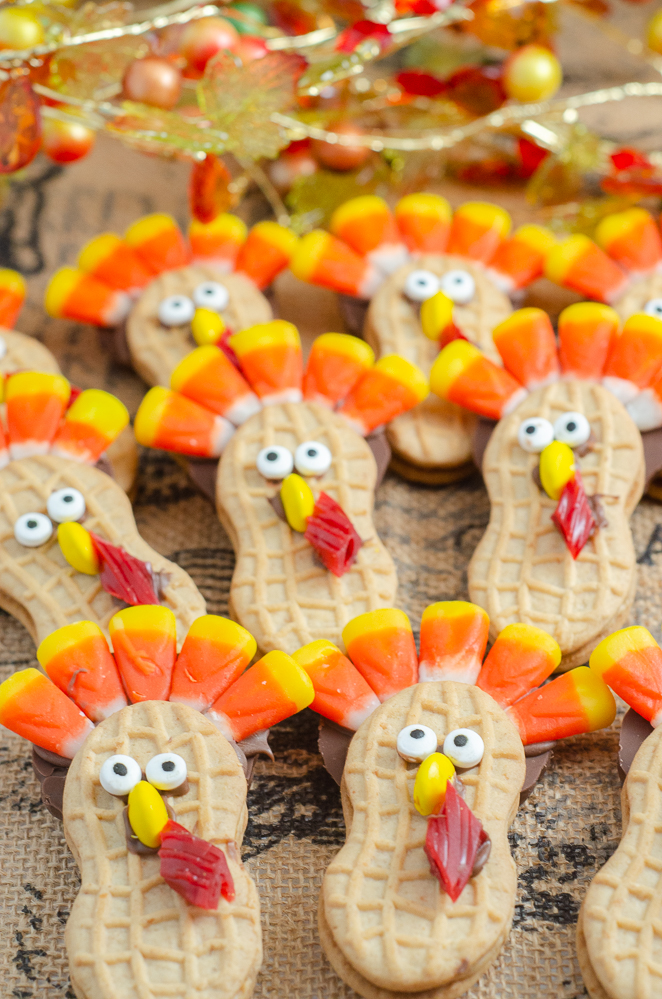 Close-up picture of nutter butter turkeys. 