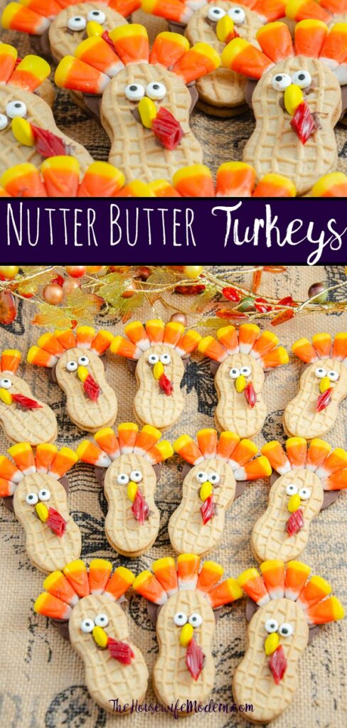 Pin image for Nutter Butter Turkeys. Two pictures of turkey cookies with text overlay.