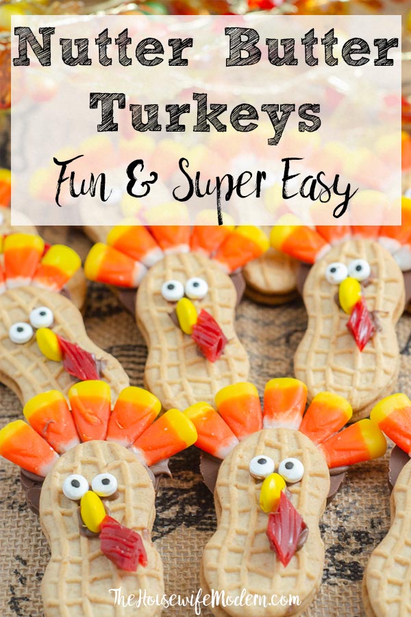 Pin image for Nutter Butter Turkeys. Close-up picture of turkey cookies with text overlay.