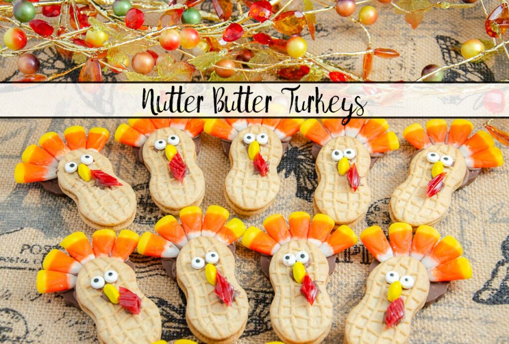 Featured image for Nutter Butter Turkeys. Picture of turkey cookies with text overlay.