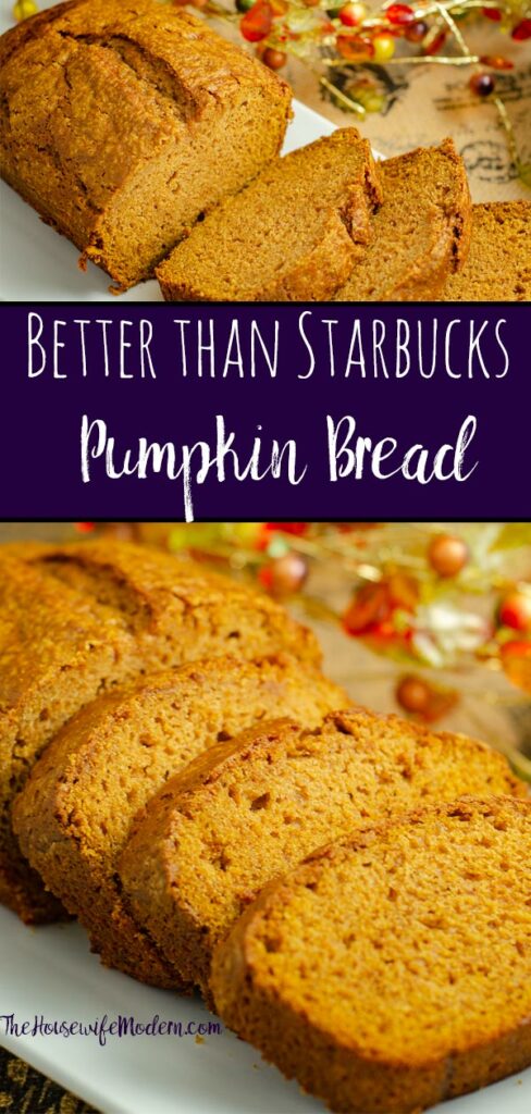 Pin image for pumpkin bread. Two images of pumpkin bread with text overlay.