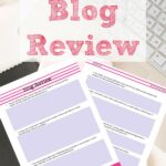 Pin image for free printable blog review. Preview of pages with text overlay and computer background.