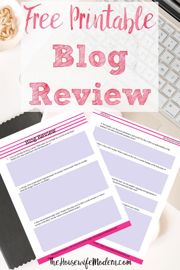 Pin image for free printable blog review. Preview of pages with text overlay and computer background.