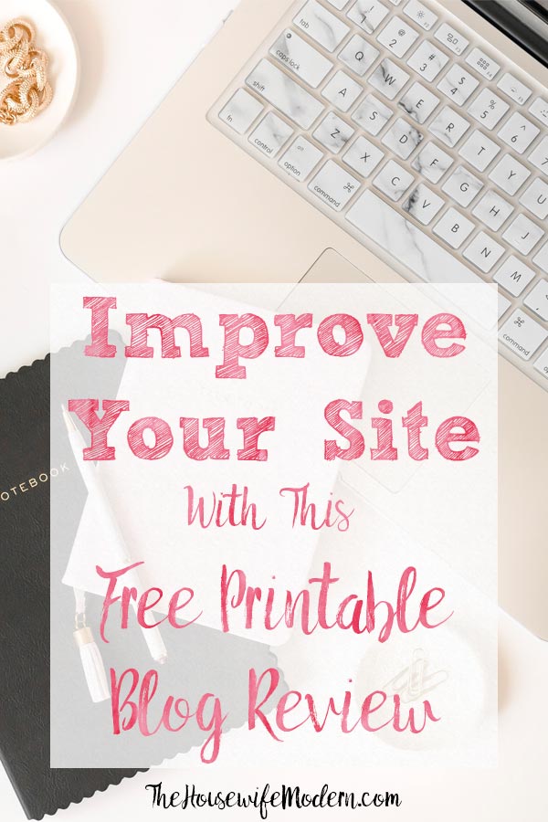 Pin image for free printable blog review. Pinkish computer, notepads, with text overlay.