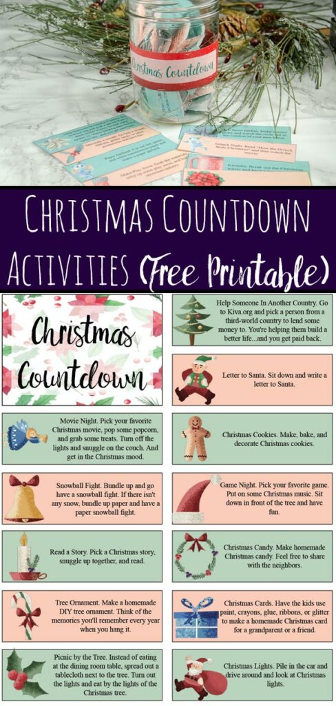 Pin image for Christmas countdown activities. Image of jar with activities in it, activities spread out, and wreath in background. Also include preview of page 1 of printable.