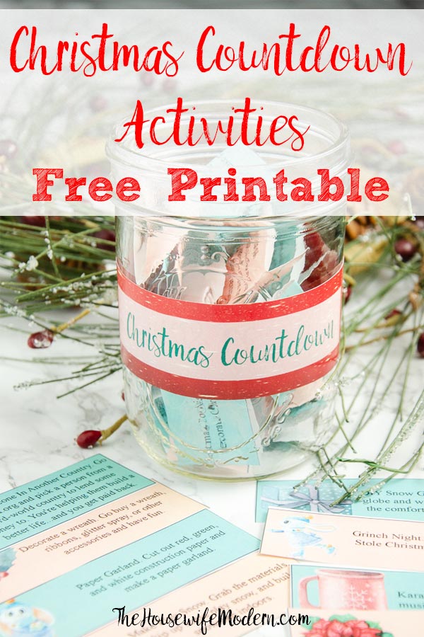 Pin image for Christmas countdown activities. Image of jar with activities in it, activities spread out, and wreath in background.