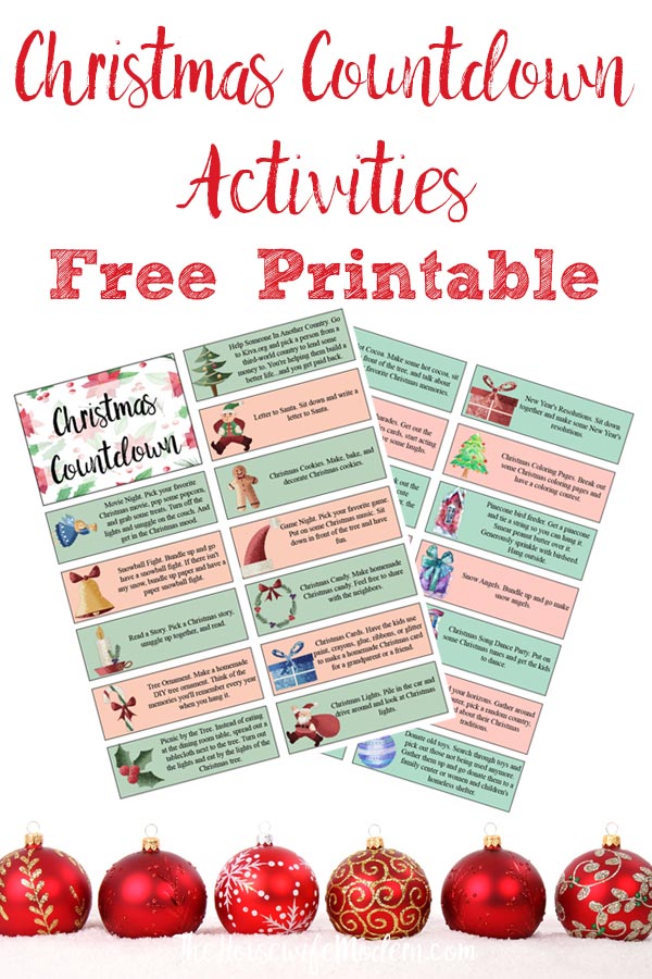 Pin image for Christmas countdown activities. Christmas ornaments on bottom, preview of two pages of printable, and text on top.