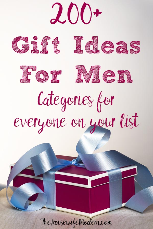 Pin image for 200+ gift ideas for men. Red box, blue ribbon, and text overlay.
