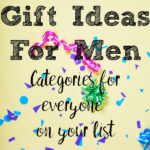 Pin image for 200+ gift ideas for men. Yellow background, ribbons and confetti with text overlay.