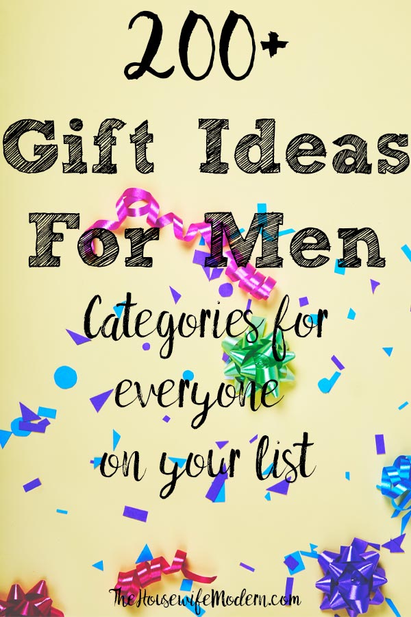 Pin image for 200+ gift ideas for men. Yellow background, ribbons and confetti with text overlay.