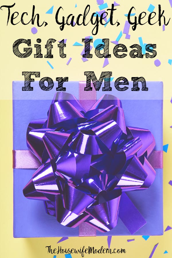 Pin image for gift ideas for men- tech, gadget, geek. Purple present, yellow background, text overlay.