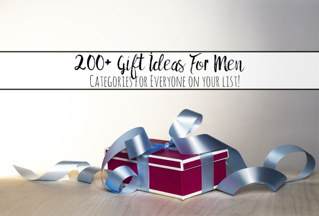 Featured image for 200+ gift ideas for men. Red present with blue ribbon and text.