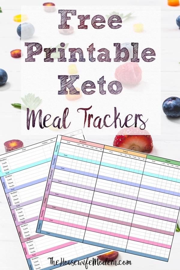 Pin image for free printable keto meal trackers. Image of two trackers over fruit with text overlay.