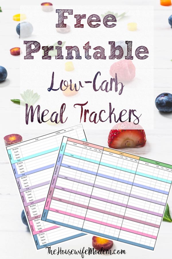 Pin image for free printable low-carb meal trackers. Image of two trackers over fruit with text overlay.