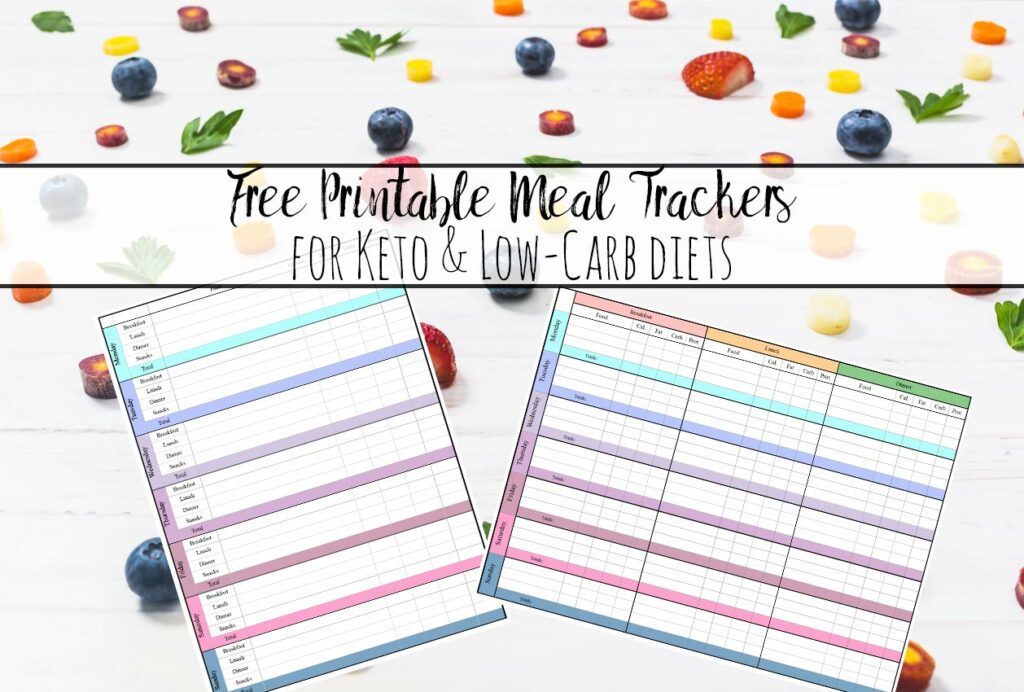 Featured image for low-carb and keto meal trackers. Fruit background with text overlay and image of trackers.