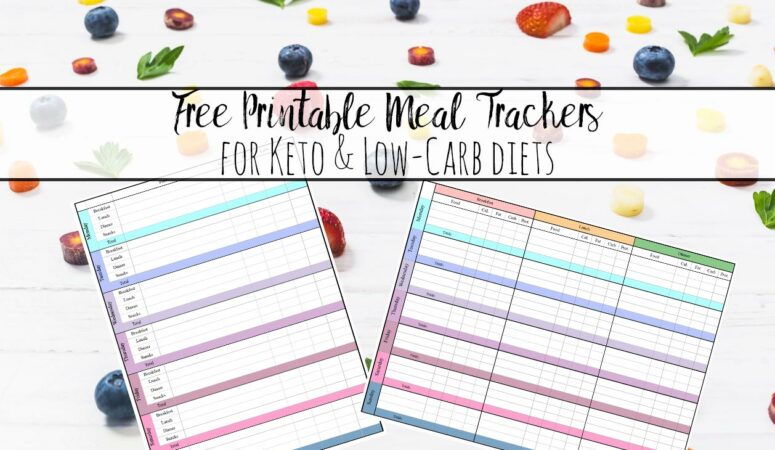Featured image for low-carb and keto meal trackers. Fruit background with text overlay and image of trackers.