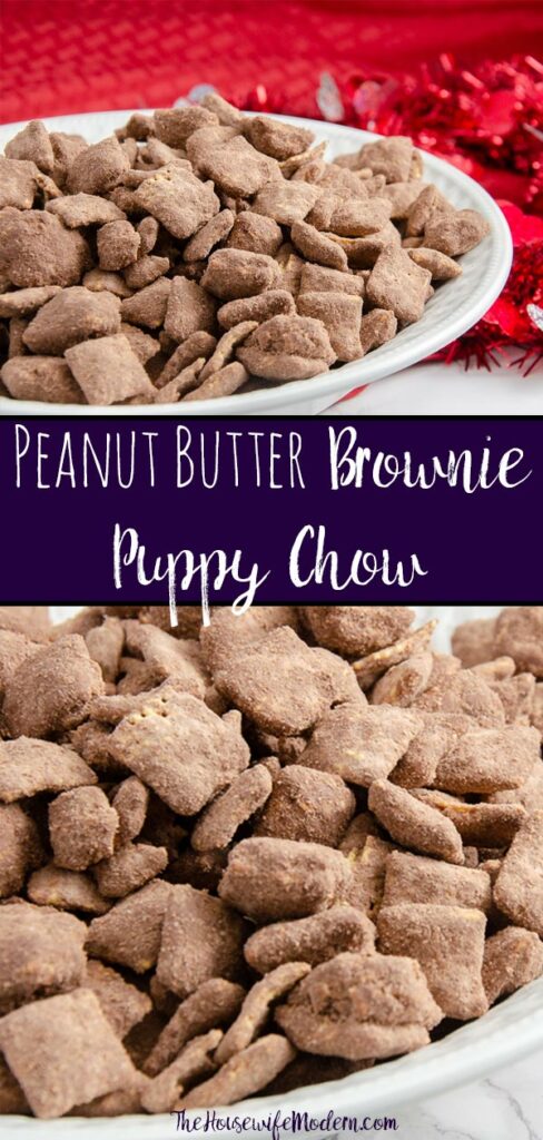 Pin mage of peanut butter brownie puppy chow. Close-up view and puppy chow in white bowl. Text in center.