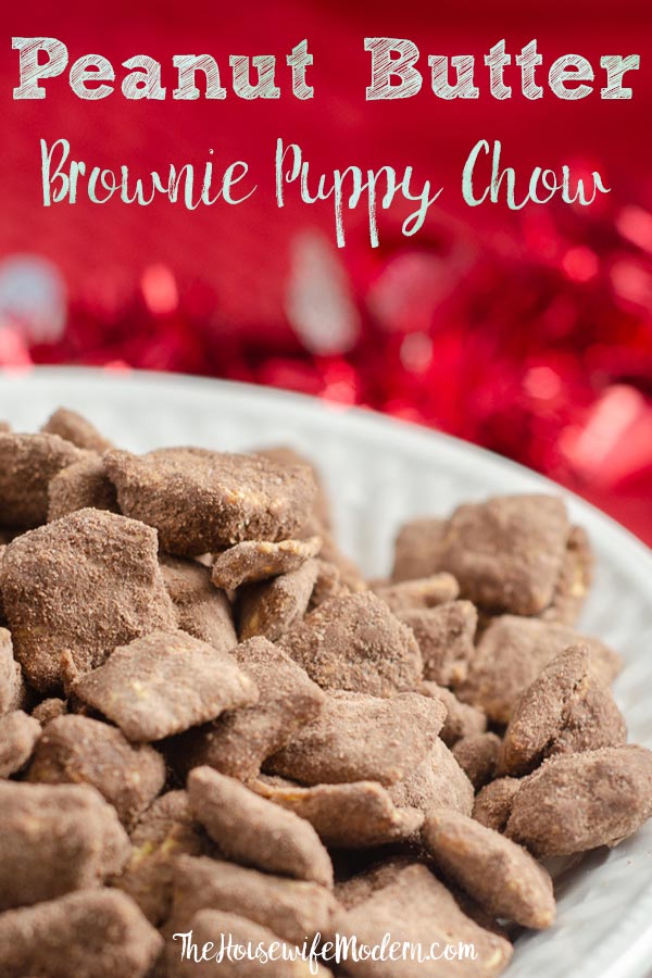 Pin mage of peanut butter brownie puppy chow in white bowl with red cloth behind it.. White text overlay.
